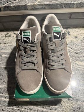 Puma Gray Suede Low-Top Sneakers with Green Logo
